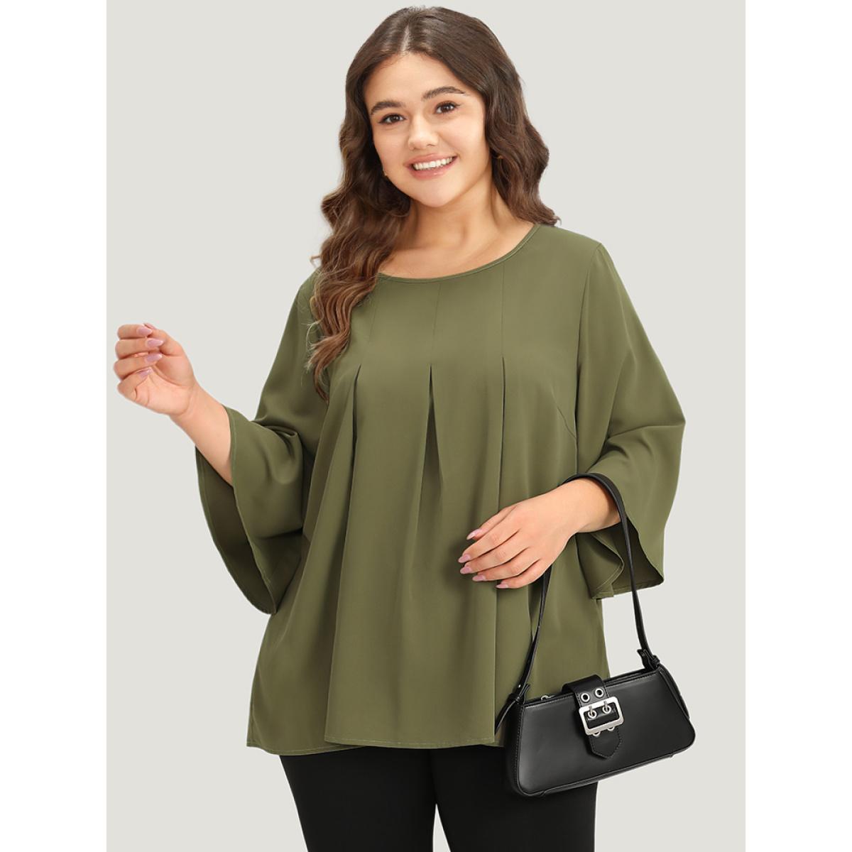 Plus Size ArmyGreen Plain Pleated Detail Bell Sleeve Blouse Women Office Elbow-length sleeve Round Neck Work Blouses BloomChic 30/6X Product Image