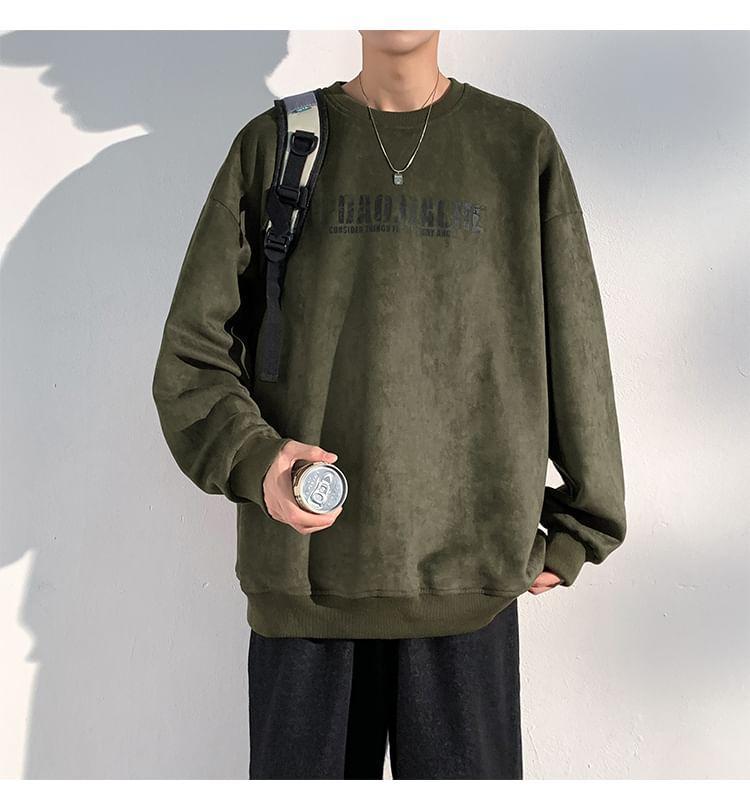Crew Neck Lettering Print Faux Suede Sweatshirt Product Image