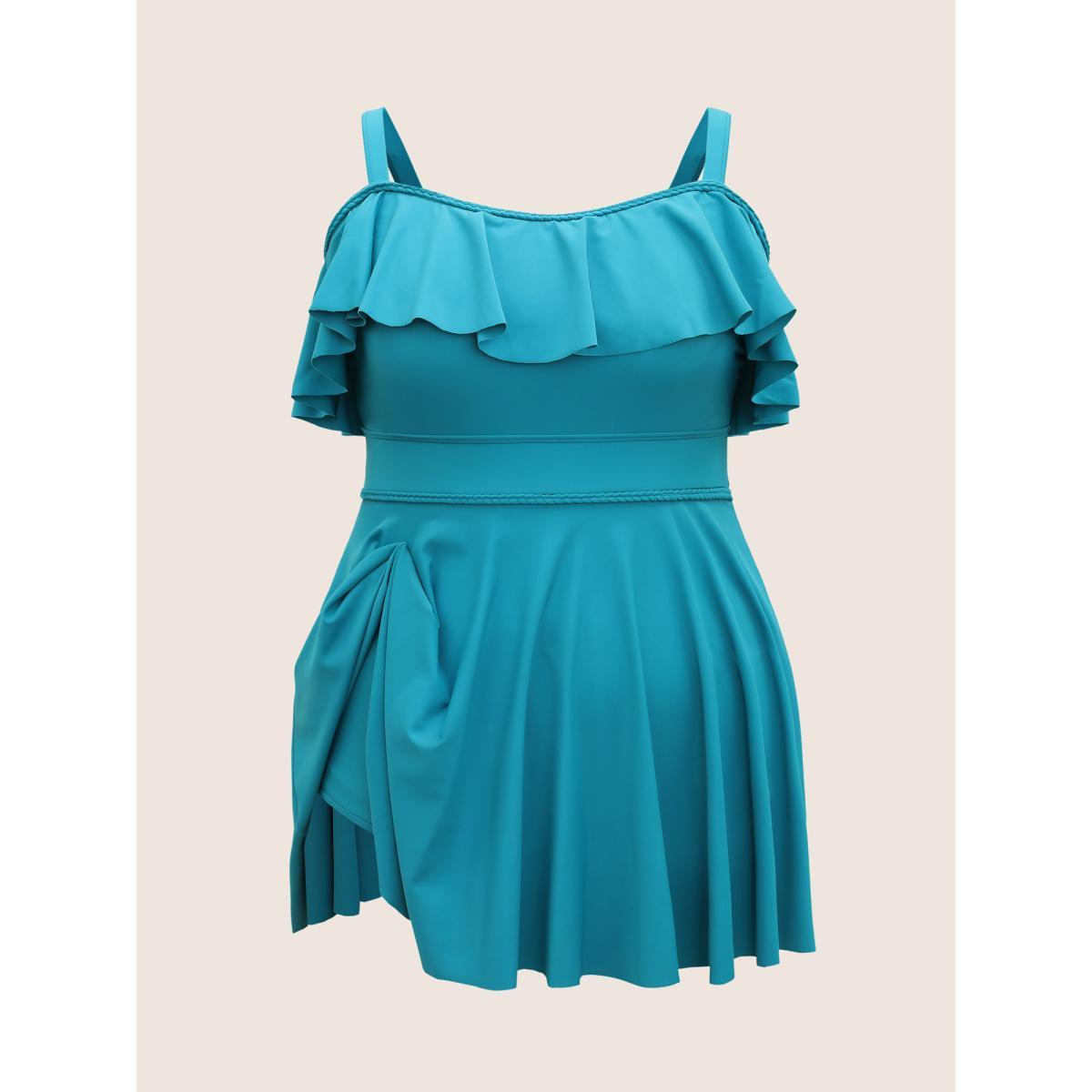 Plus Size Solid Ruffles Trim Adjustable Straps Swim Dress Women's Swimwear Teal Beach Bodycon Strapless High stretch Curve Swim Dresses BloomChic 22-24/3X Product Image
