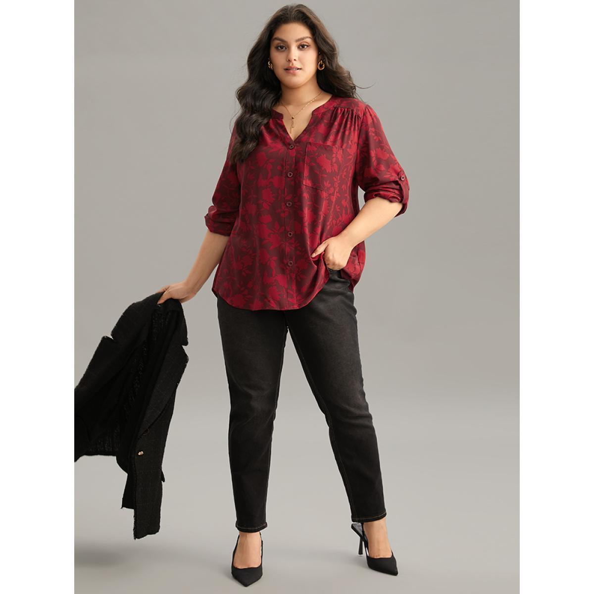 Plus Size Scarlet Silhouette Floral Print Gathered Tab Sleeve Blouse Women Elegant Long Sleeve Notched collar Party Blouses BloomChic 12/L Product Image