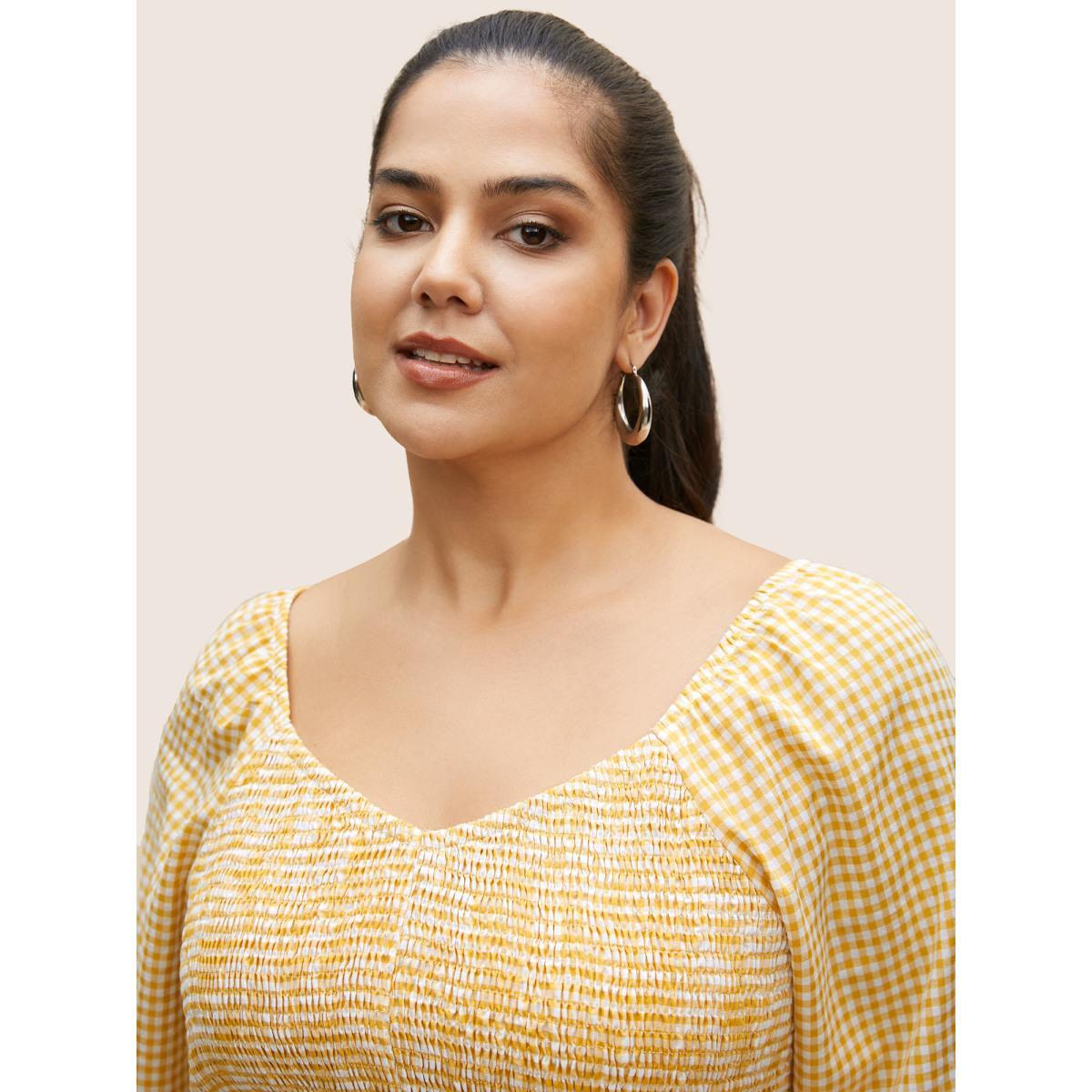 Plus Size Turmeric Heart Neckline Gingham Shirred Lantern Sleeve Blouse Women Casual Elbow-length sleeve Heart neckline Everyday Blouses BloomChic 10/M Product Image