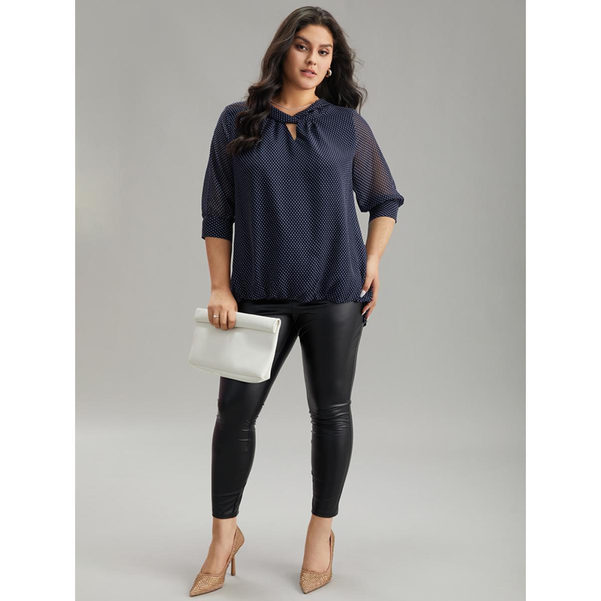 Plus Size Indigo Chiffon Polka Dot Mesh Keyhole Twist Front Blouse Women Office Elbow-length sleeve Round Neck Work Blouses BloomChic 18-20/2X Product Image