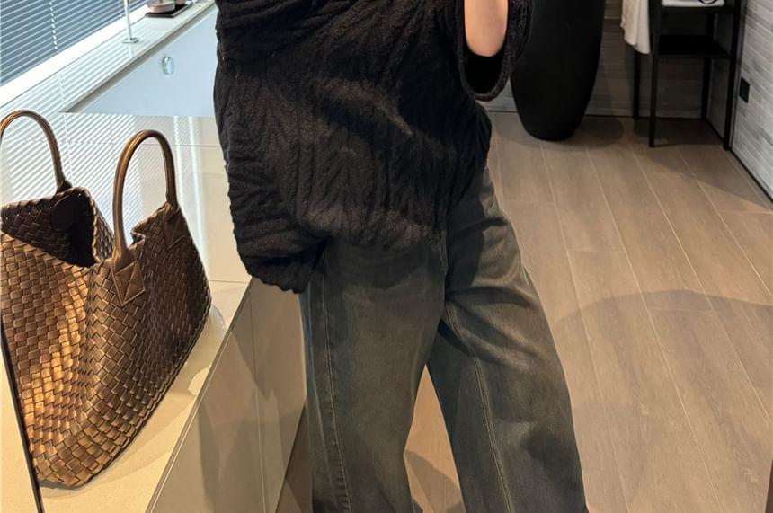 Off-Shoulder Plain Cable Knit Sweater Product Image
