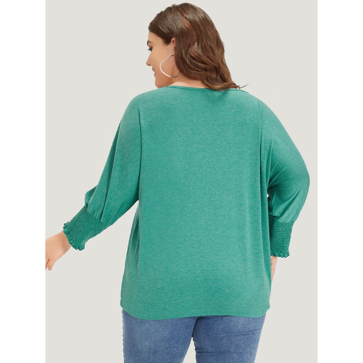 Plus Size Solid Heather Shirred Batwing Sleeve T-shirt Emerald Women Elegant Shirred Plain Round Neck Dailywear T-shirts BloomChic 28/5X Product Image