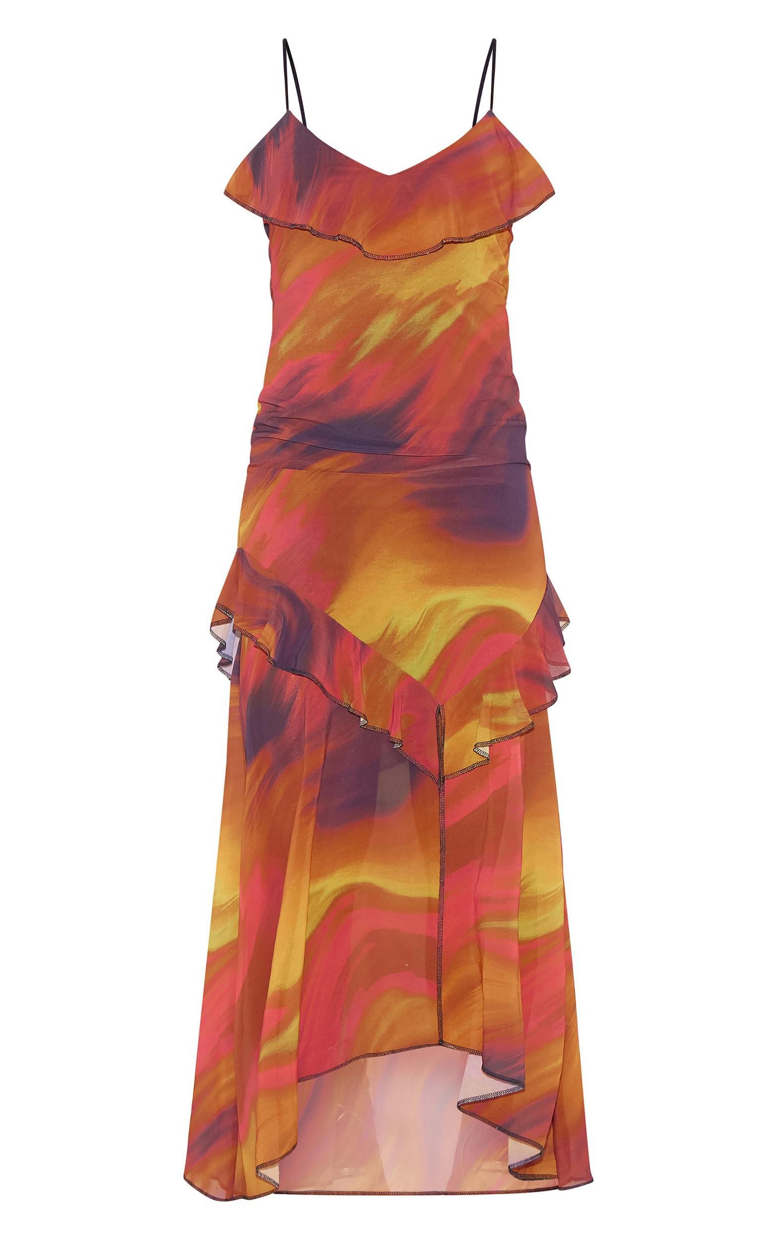 Brown Print Frill Strappy Maxi Dress Product Image