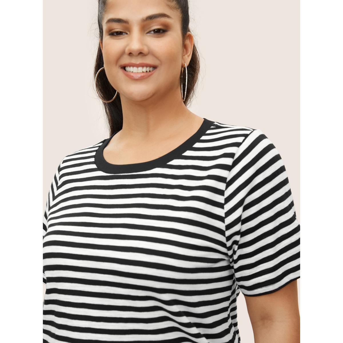 Plus Size Rib Knit Striped Crew Neck T-shirt Black Women Casual Contrast Round Neck Everyday T-shirts BloomChic 28/5X Product Image