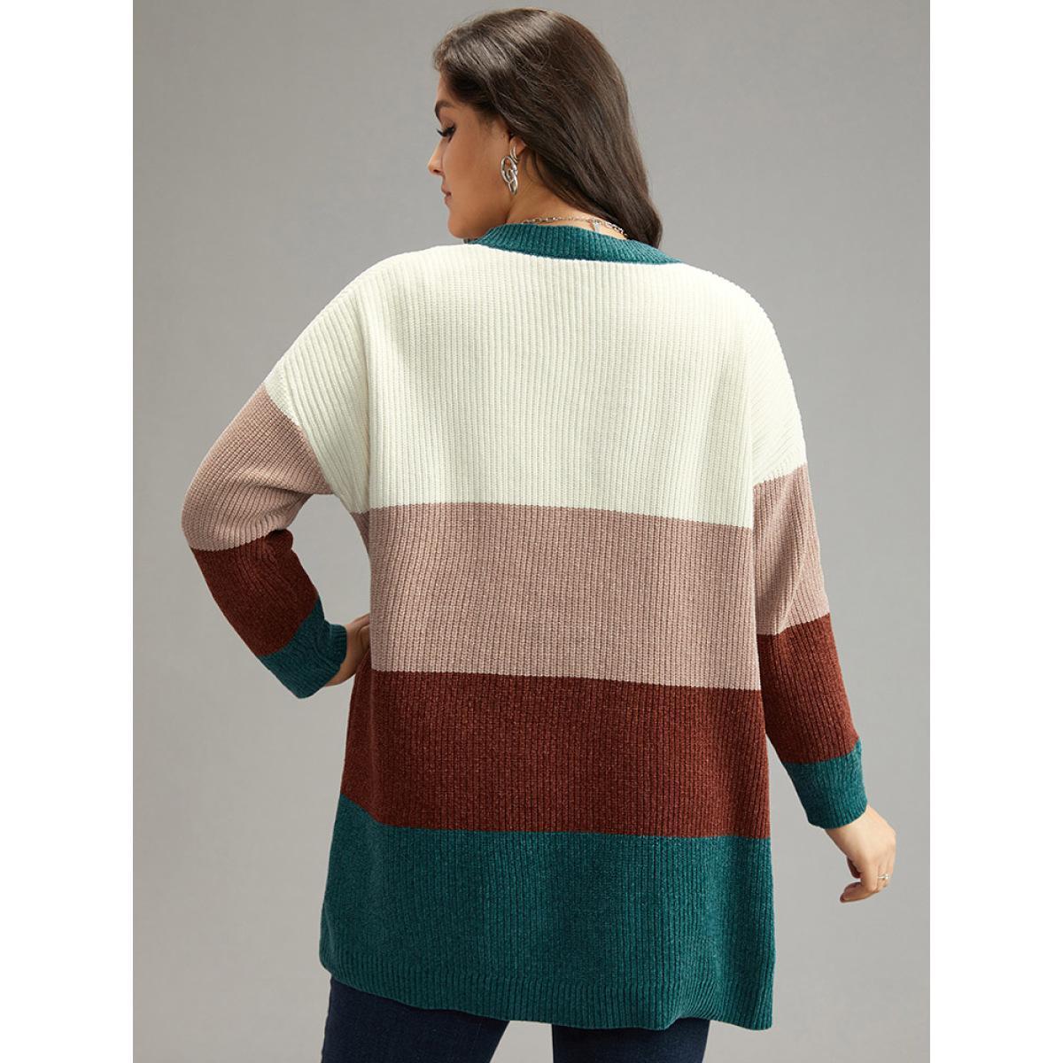 Plus Size Colorblock Contrast Open Front Cardigan Multicolor Women Casual Loose Long Sleeve Festival-Christmas Cardigans BloomChic 30/6X Product Image