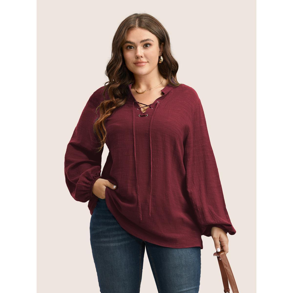 Plus Size Scarlet Plain Lace Up Lantern Sleeve Blouse Women Casual Long Sleeve Shirt collar Everyday Blouses BloomChic 10/M Product Image