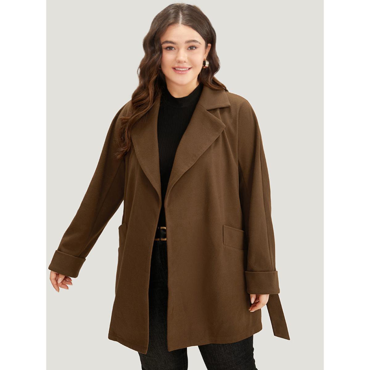 Plus Size Plain Lapel Collar Pocket Belted Coat Women DarkBrown Casual Plain Ladies Dailywear Winter Coats BloomChic 26/4X Product Image