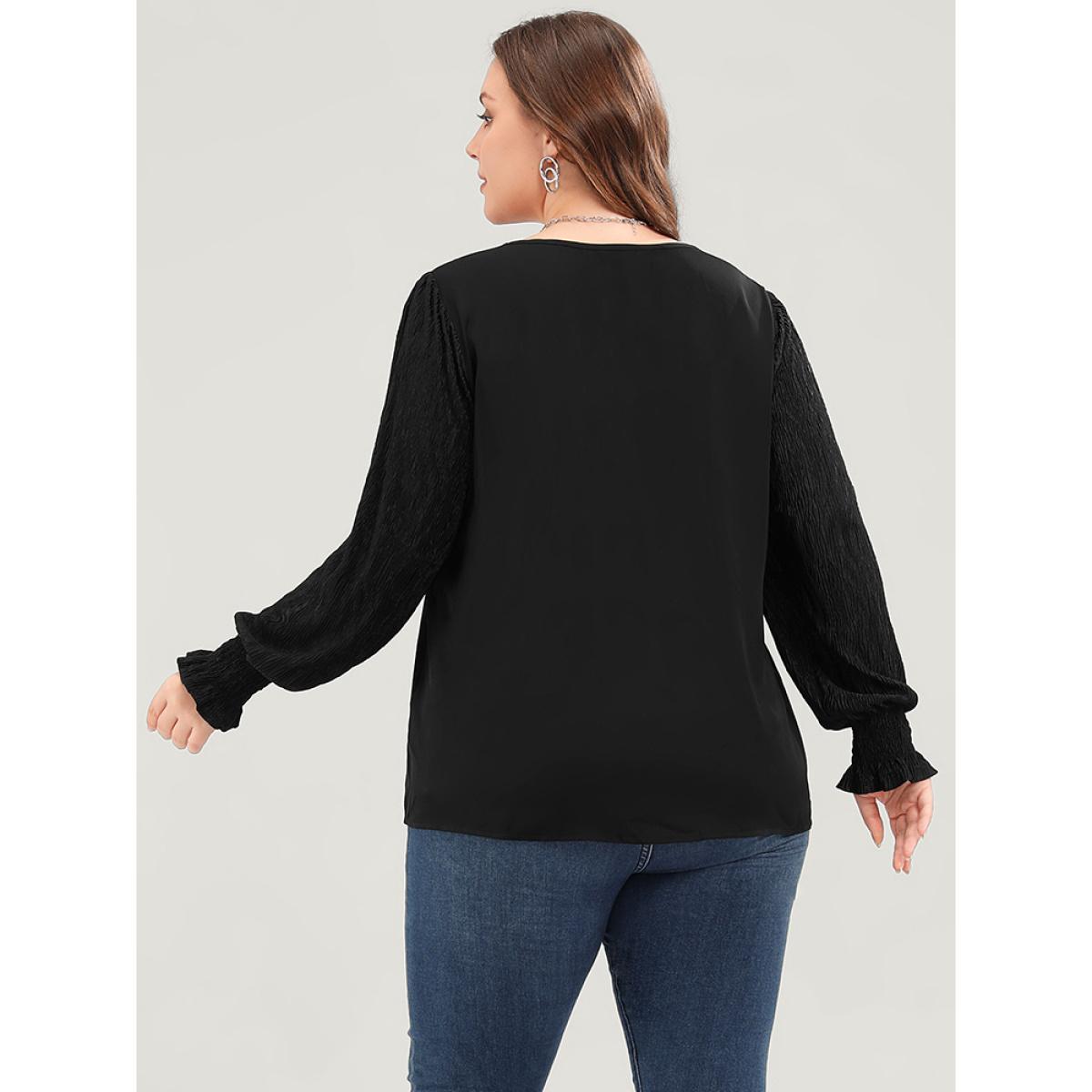 Plus Size Black Solid V Neck Puff Sleeve Blouse Women Elegant Long Sleeve V-neck Dailywear Blouses BloomChic 18-20/2X Product Image