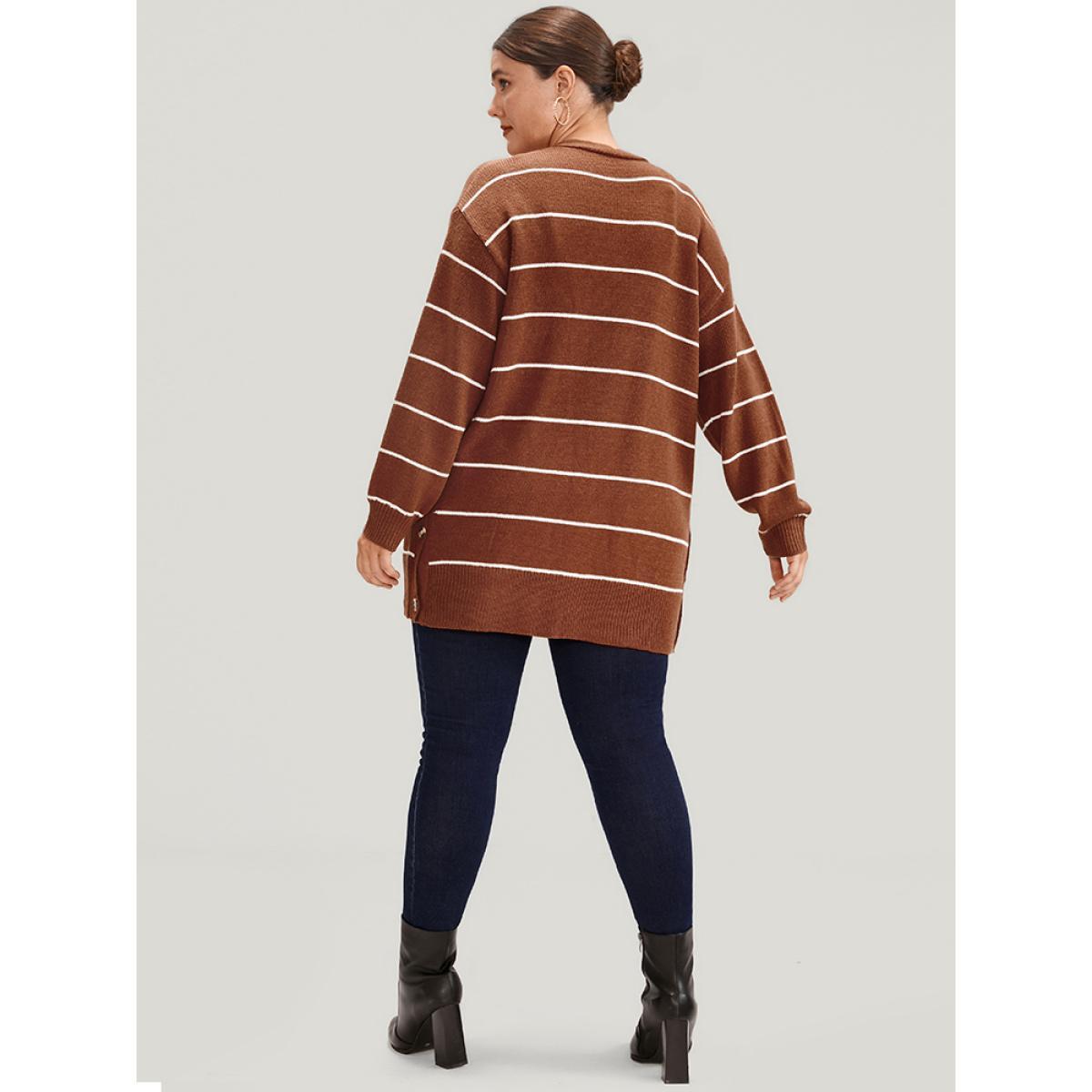 Plus Size Striped Pointelle Knit Button Side Pocket Open Front Cardigan Rust Women Casual Loose Long Sleeve Work Cardigans BloomChic 28/5X Product Image