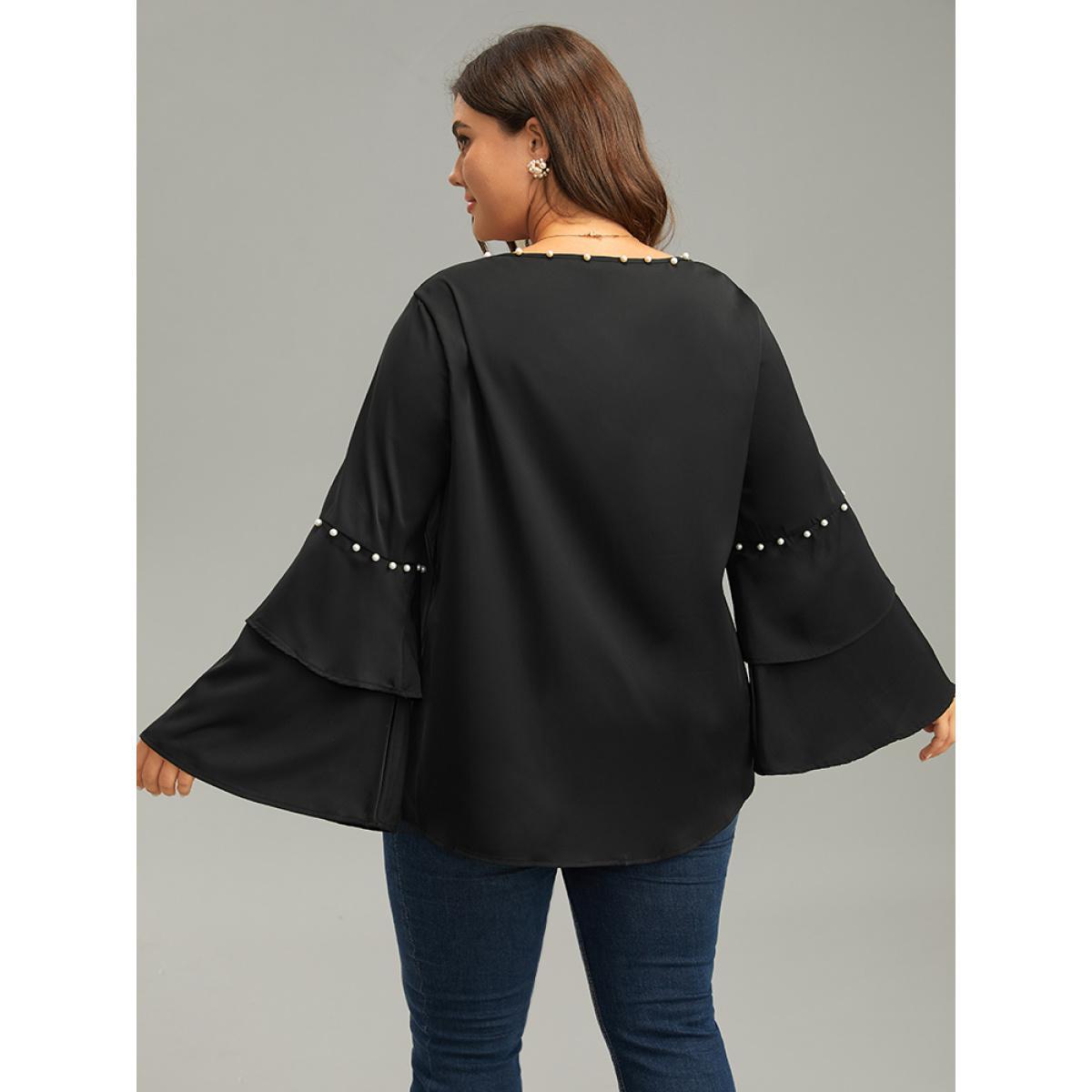 Plus Size Black Anti-Wrinkle Pearl Beaded Ruffle Layered Sleeve Blouse Women Glamour Long Sleeve Round Neck Going out Blouses BloomChic 26/4X Product Image