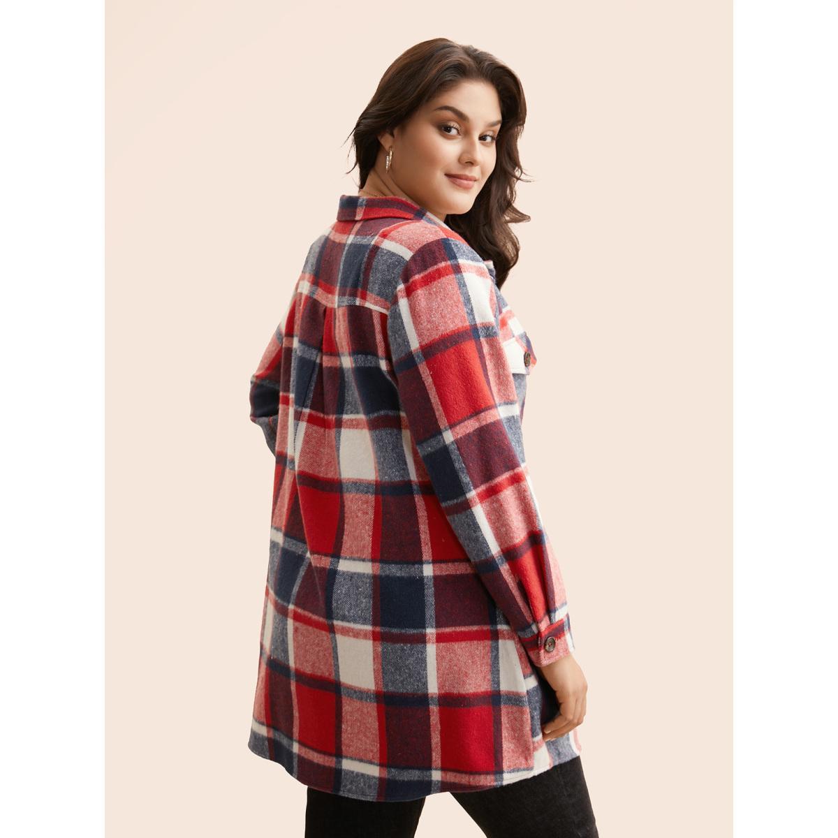 Plus Size Plaid Chest Pockets Long Jacket Women Crimson Button Loose Side seam pocket Everyday Jackets BloomChic 18-20/2X Product Image