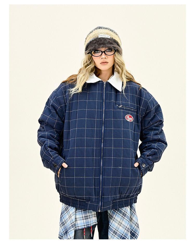 Collared Plaid Zip Up Puffer Bomber Jacket Product Image