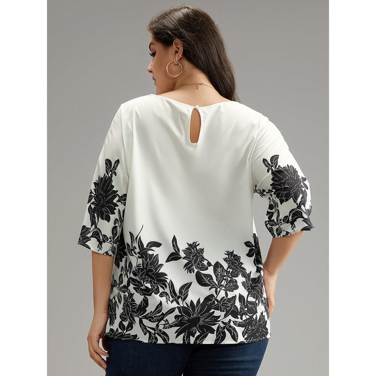 Plus Size White Boho Print V Neck Cut Out Blouse Women Elegant Elbow-length sleeve V-neck Dailywear Blouses BloomChic 28/5X Product Image