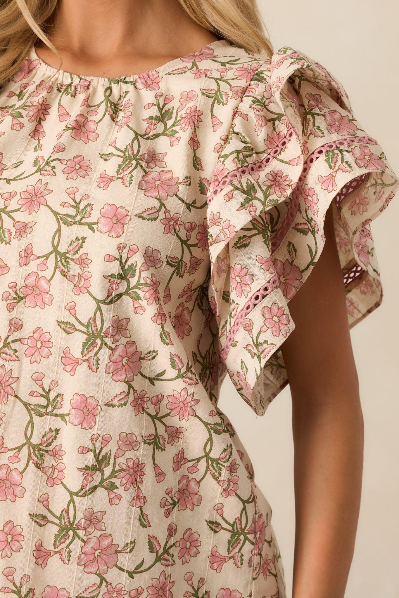 Secret Garden Path Cotton Rose Pink Flutter Sleeve Blouse Product Image