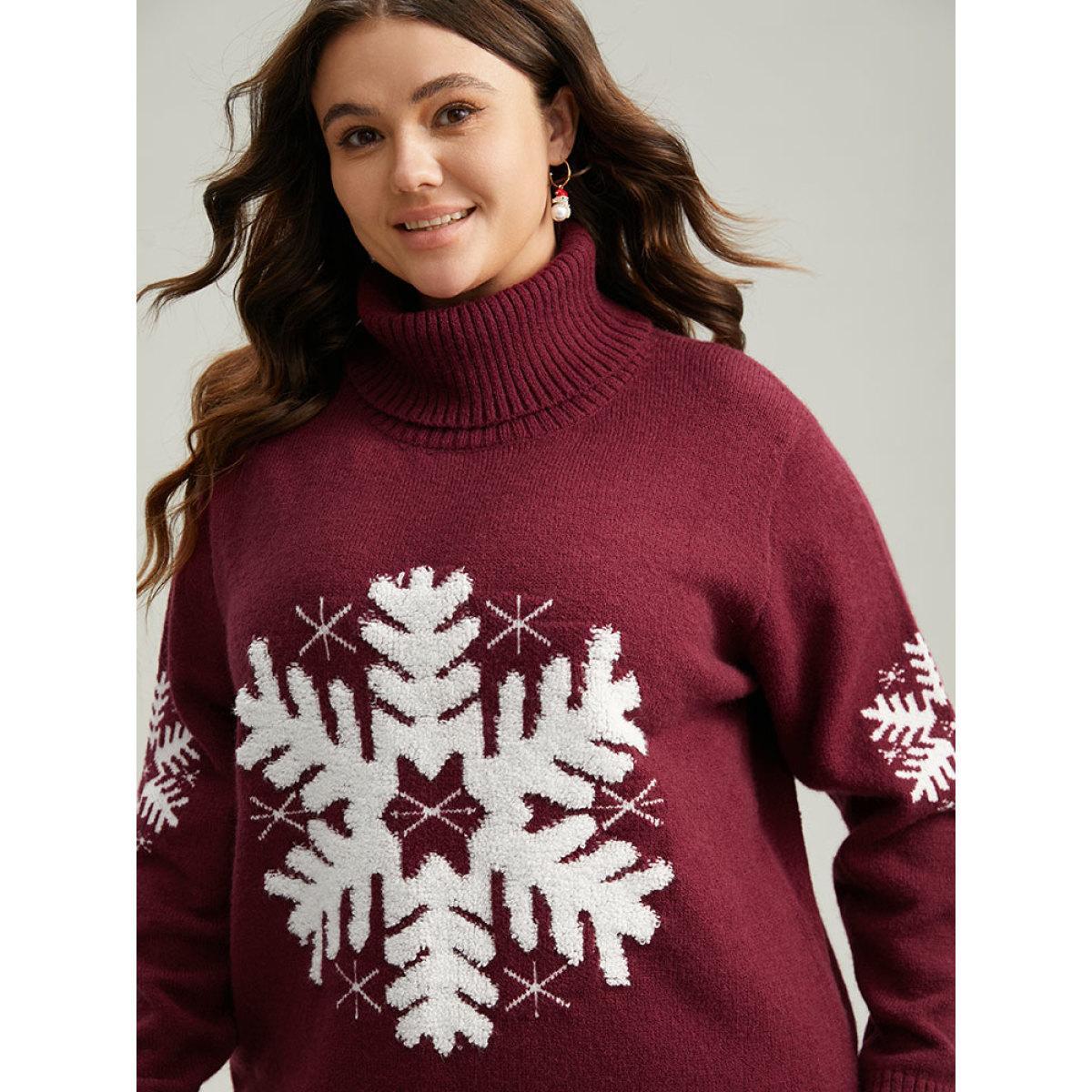 Plus Size Snowflake Turtle Neck Fuzzy Pullover Scarlet Women Casual Loose Long Sleeve Turtleneck Festival-Christmas Pullovers BloomChic 26/4X Product Image