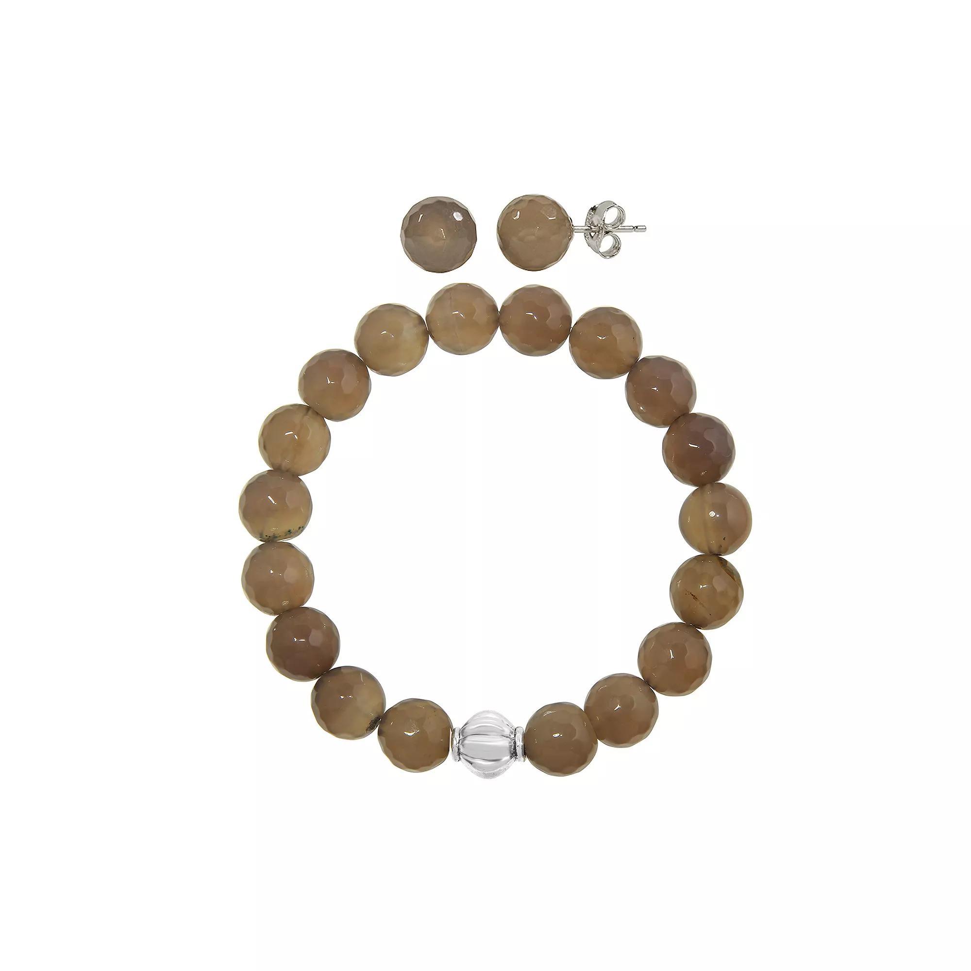 Faceted Agate 2-piece Stud Earrings & Bracelet Set, Women's, Size: 7.5", Gray Product Image