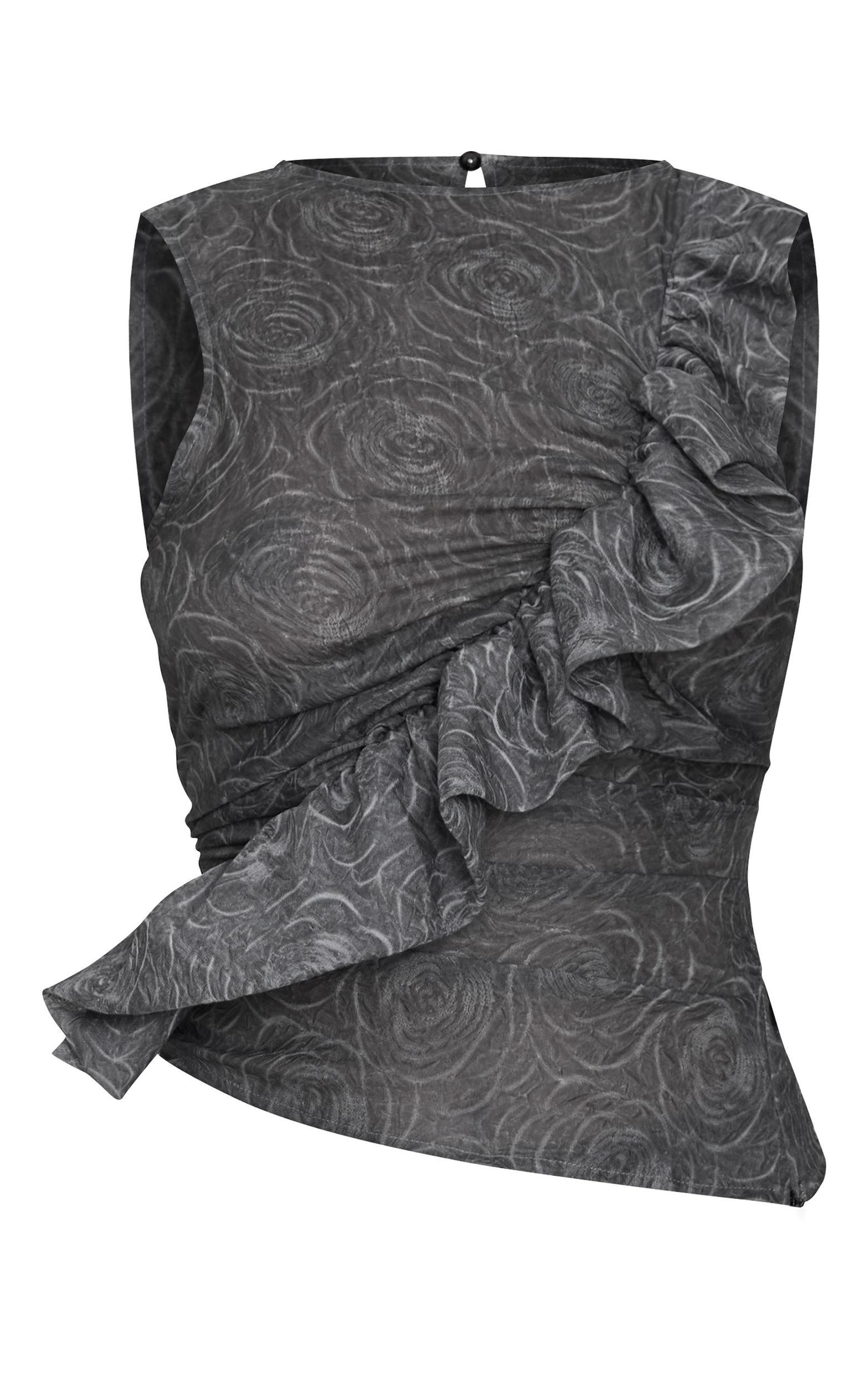 Grey Textured Fitted Chiffon Ruffle Detail Long Top Product Image