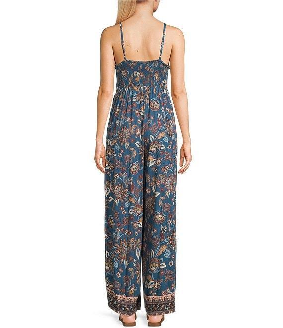 Angie Sleeveless Large Floral/Border Print Keyhole Knot Front Wide Leg Jumpsuit Product Image