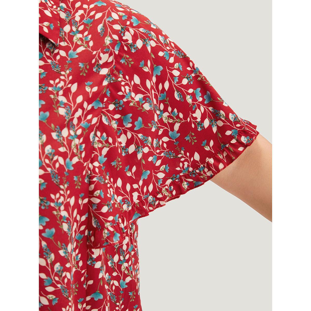 Plus Size Maroon Ditsy Floral Shirt Collar Button Through Ruffle Sleeve Blouse Women Elegant Short sleeve Shirt collar Dailywear Blouses BloomChic 14-16/1X Product Image