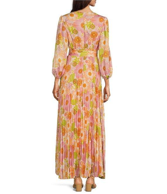 Moda Tara Long Sleeve Floral Print Pleated Satin Crepe Dress Product Image