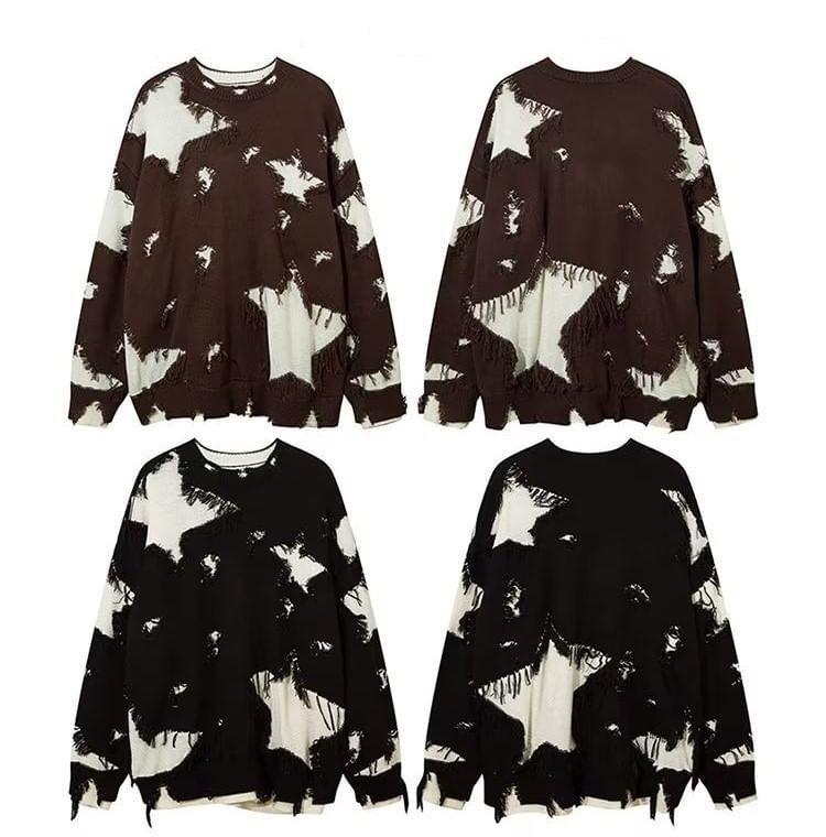 Crew Neck Star Print Fringed Sweater Product Image