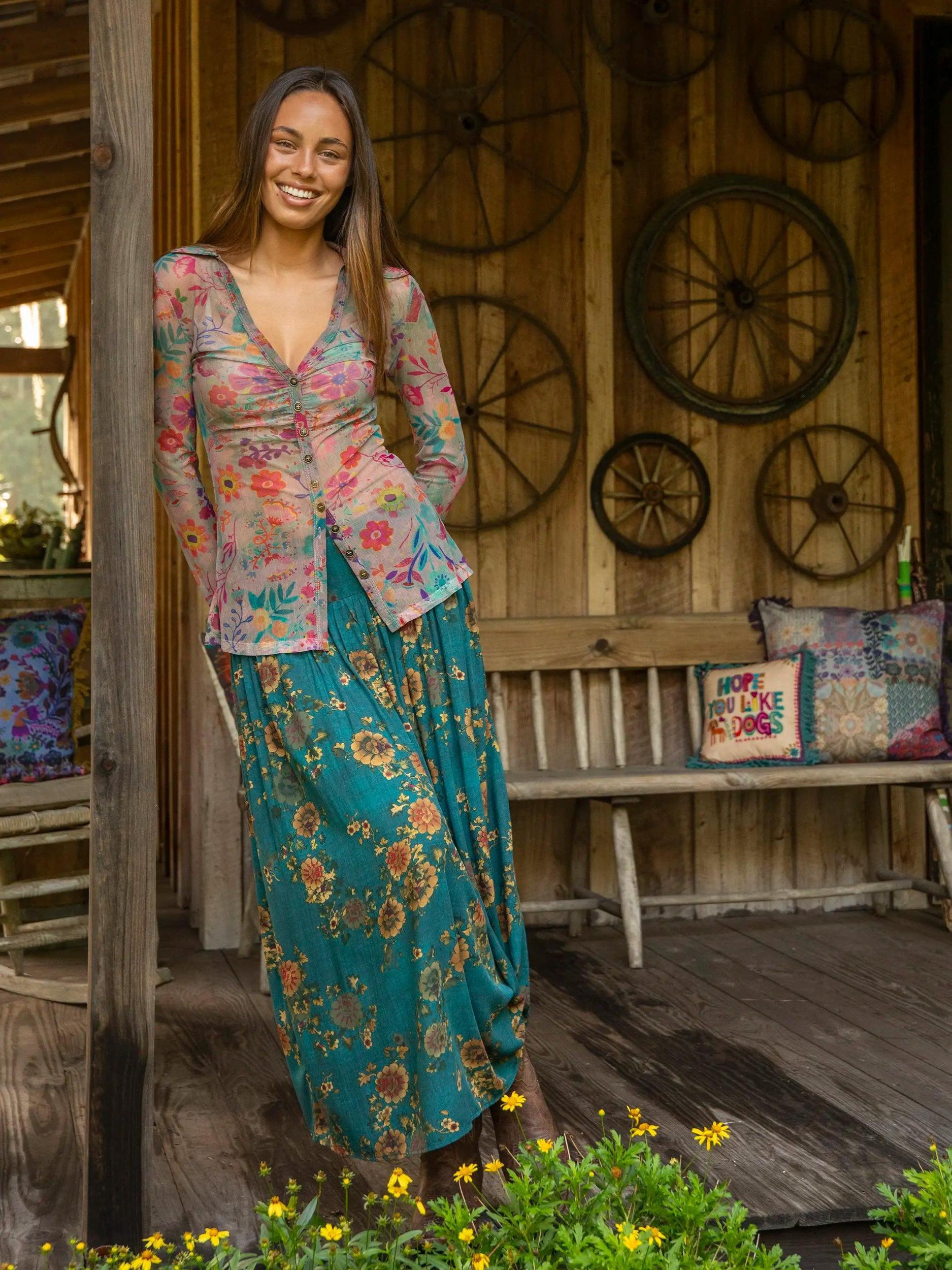 Carina Mesh Top - Cream Turquoise Floral Product Image