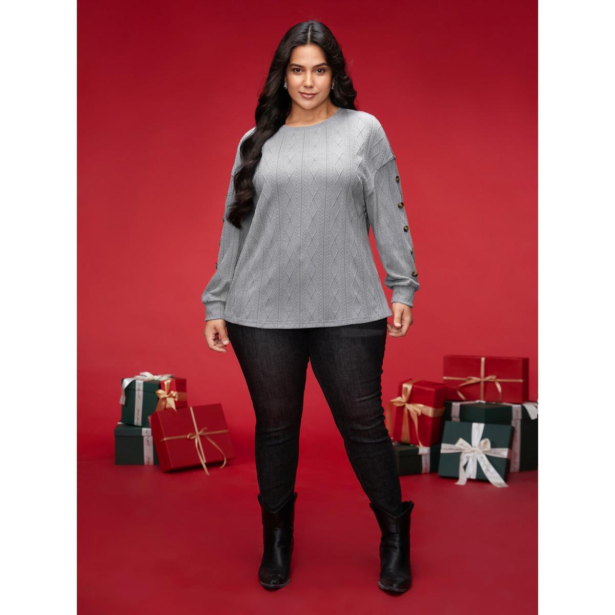 Plus Size Textured Fabric Crew Neck Straight-Fit Sweatshirt Women Mediumgray Casual Texture Loose Round Neck Everyday Sweatshirts BloomChic 28/5X Product Image
