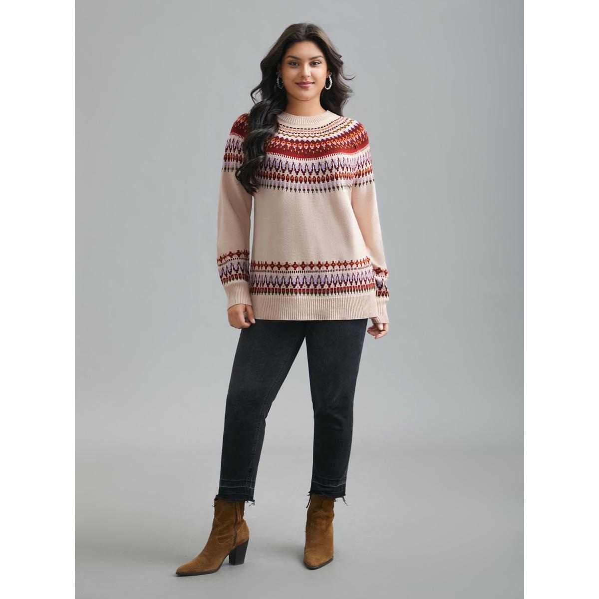 Plus Size Round Neck Bandana Color Contrast Pullover Apricot Women Casual Loose Long Sleeve Round Neck Everyday Pullovers BloomChic 28/5X Product Image