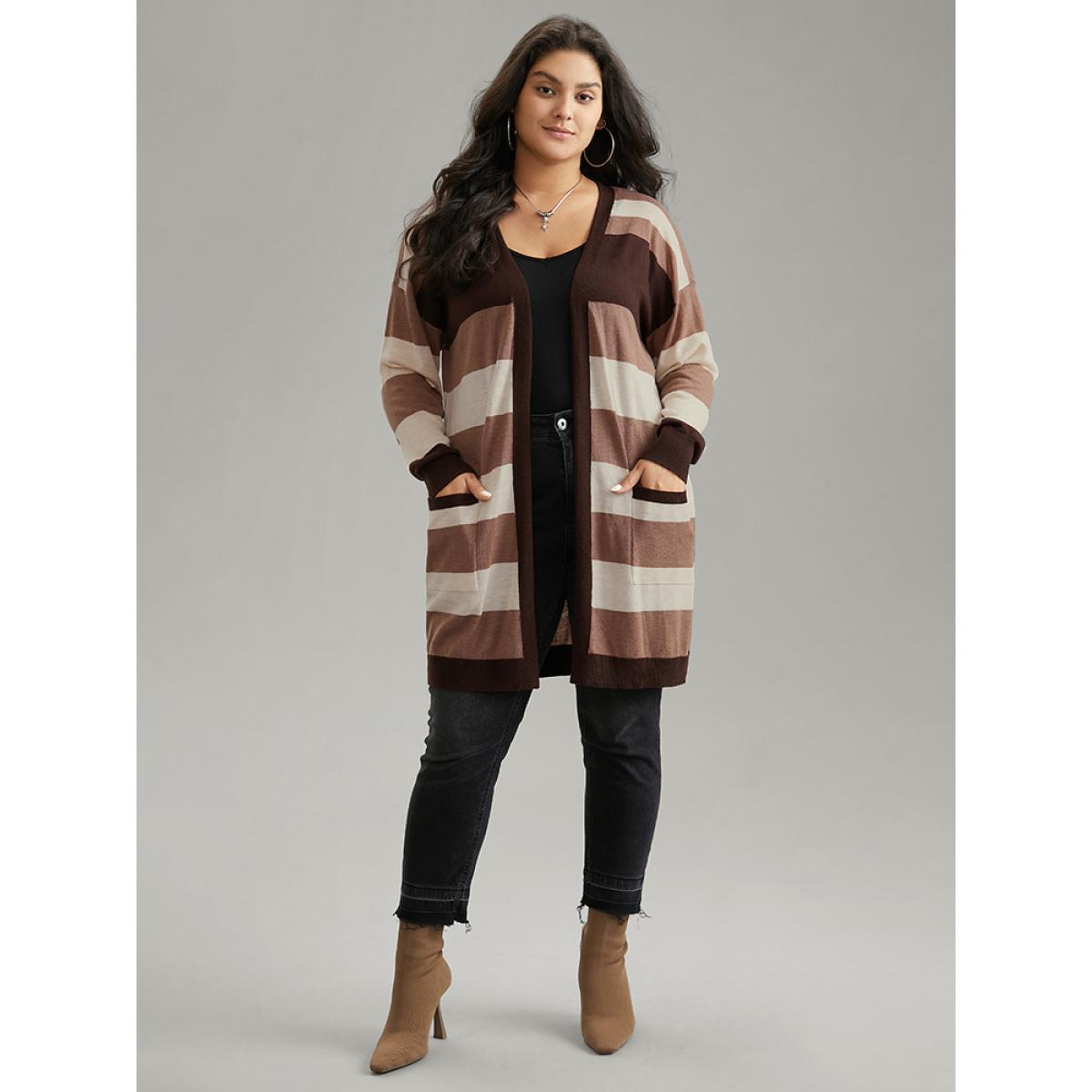 Plus Size Supersoft Essentials Colorblock Contrast Pocket Cardigan DarkBrown Women Casual Loose Long Sleeve Dailywear Cardigans BloomChic 14-16/1X Product Image