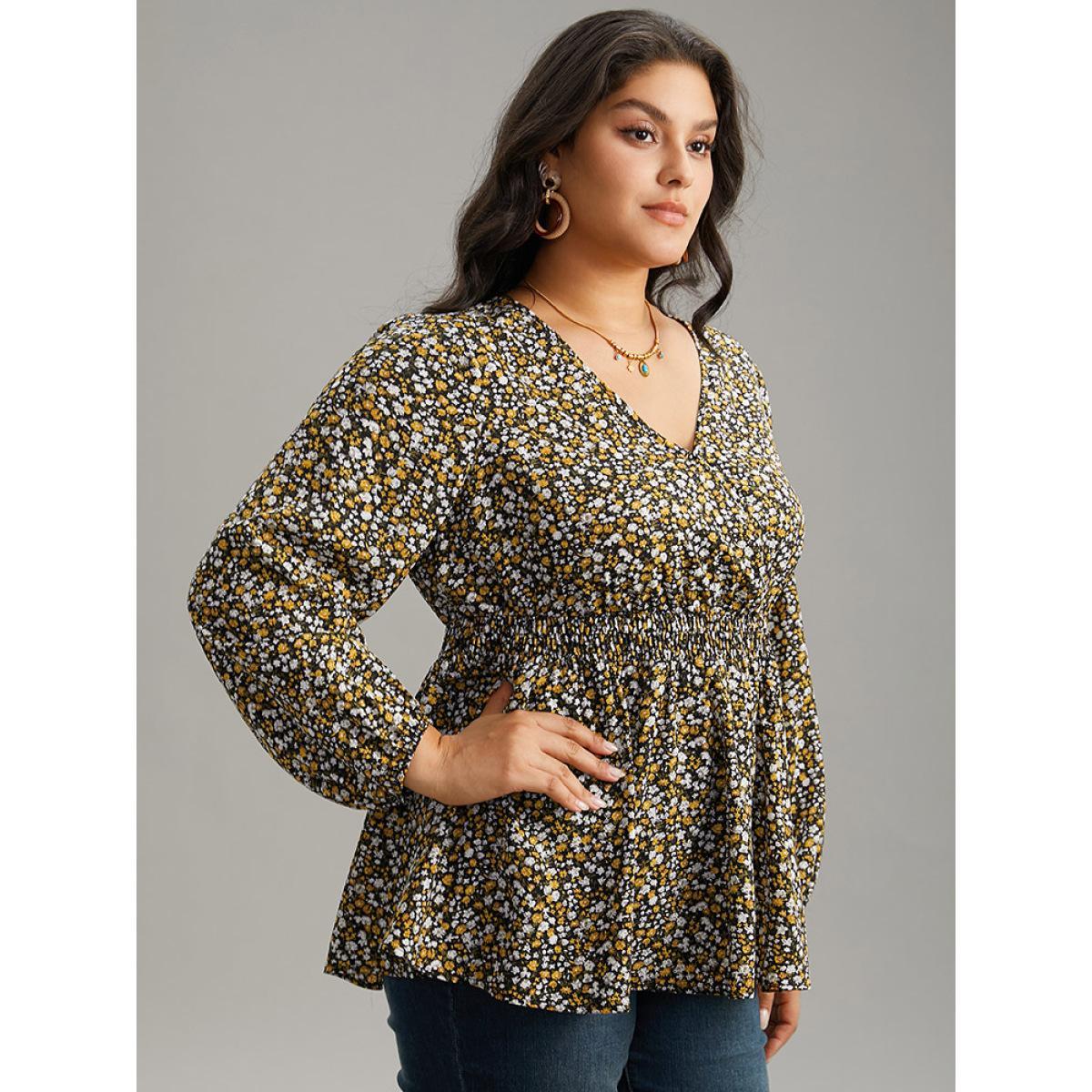 Plus Size Black Ditsy Floral Lantern Sleeve Shirred Blouse Women Elegant Long Sleeve V-neck Dailywear Blouses BloomChic 14-16/1X Product Image