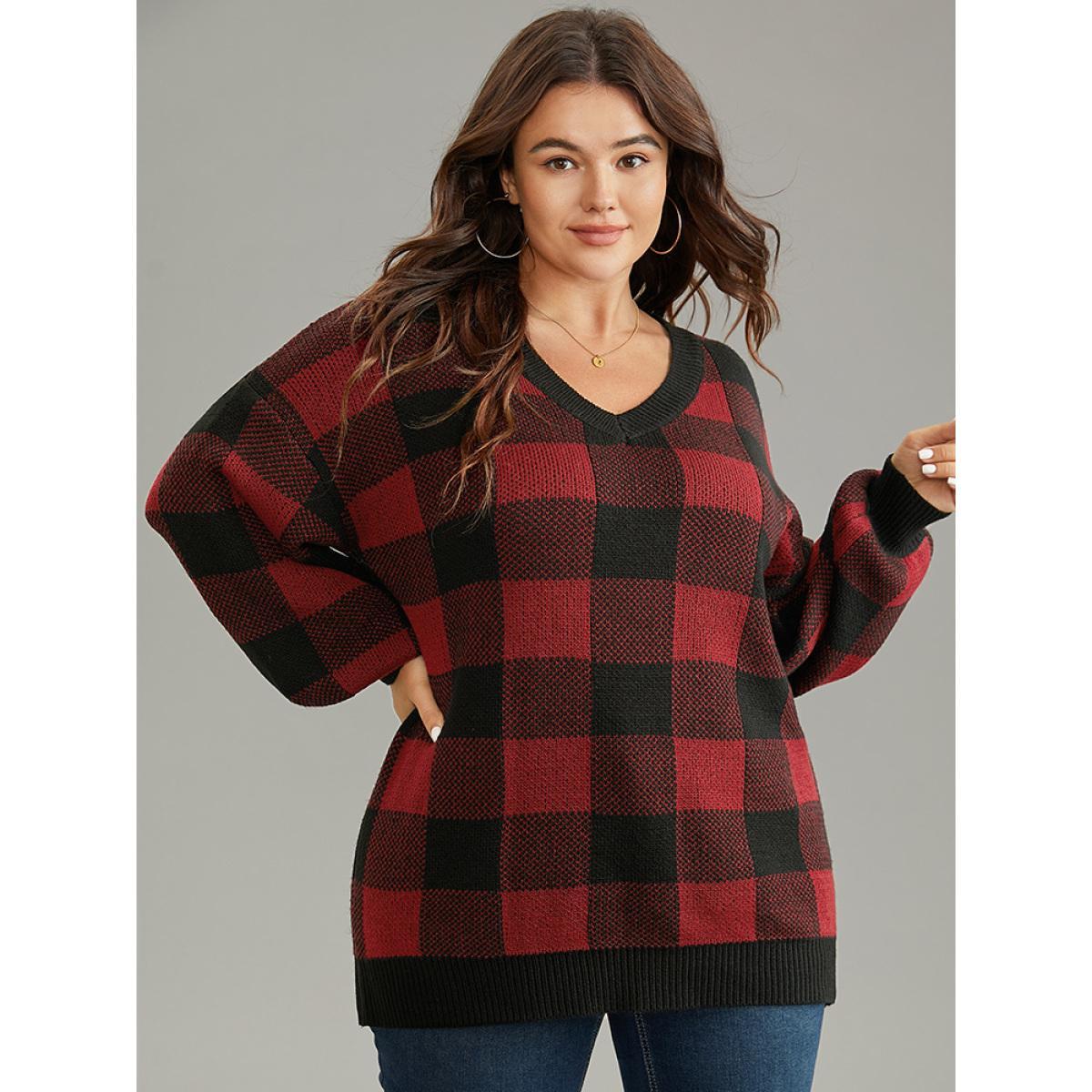 Plus Size V Neck Plaid Elastic Cuffs Pullover Scarlet Women Casual Loose Long Sleeve V-neck Dailywear Pullovers BloomChic 14-16/1X Product Image