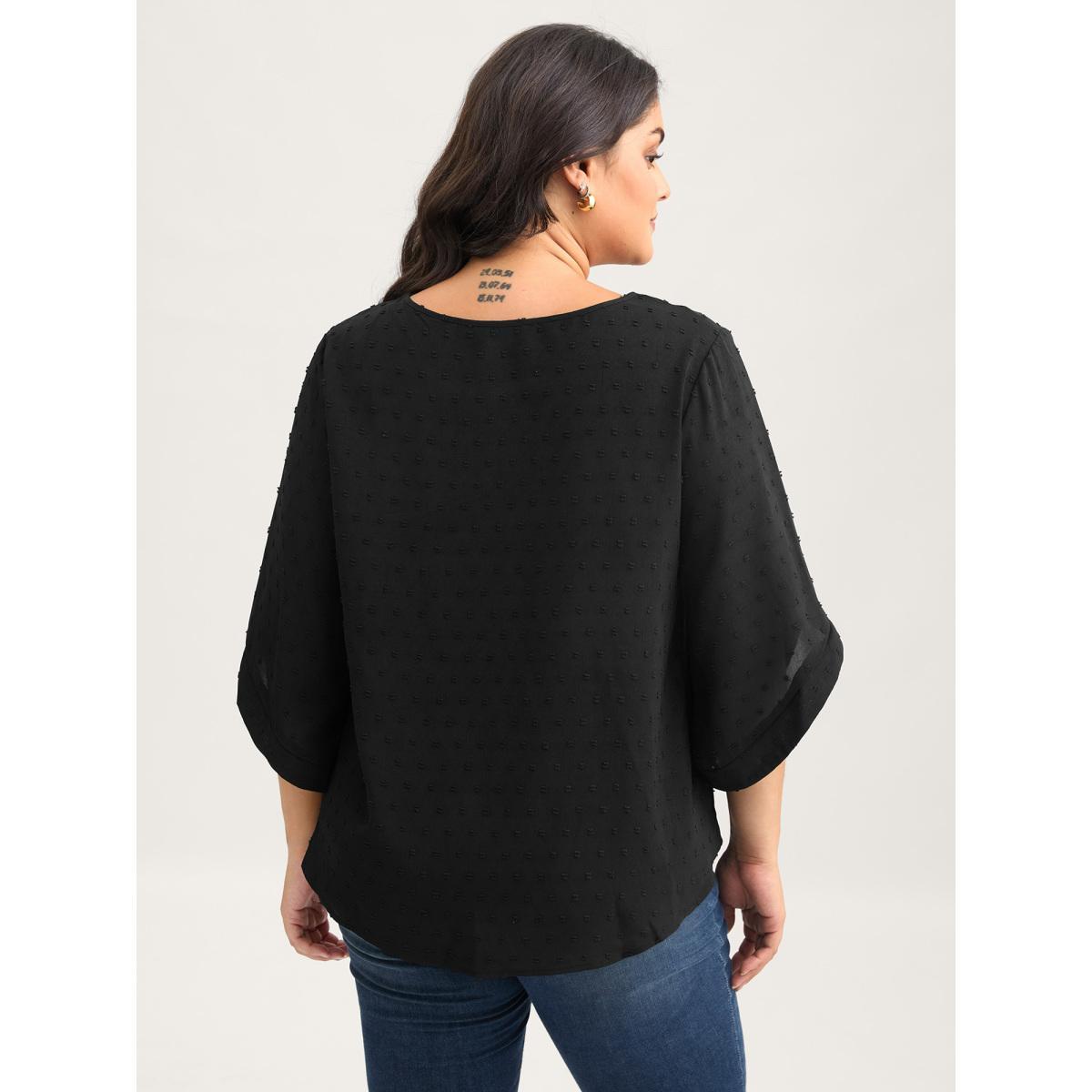 Plus Size Black Textured Round Neck Bell Sleeve Blouse Women Elegant Elbow-length sleeve Round Neck Everyday Blouses BloomChic 12/L Product Image