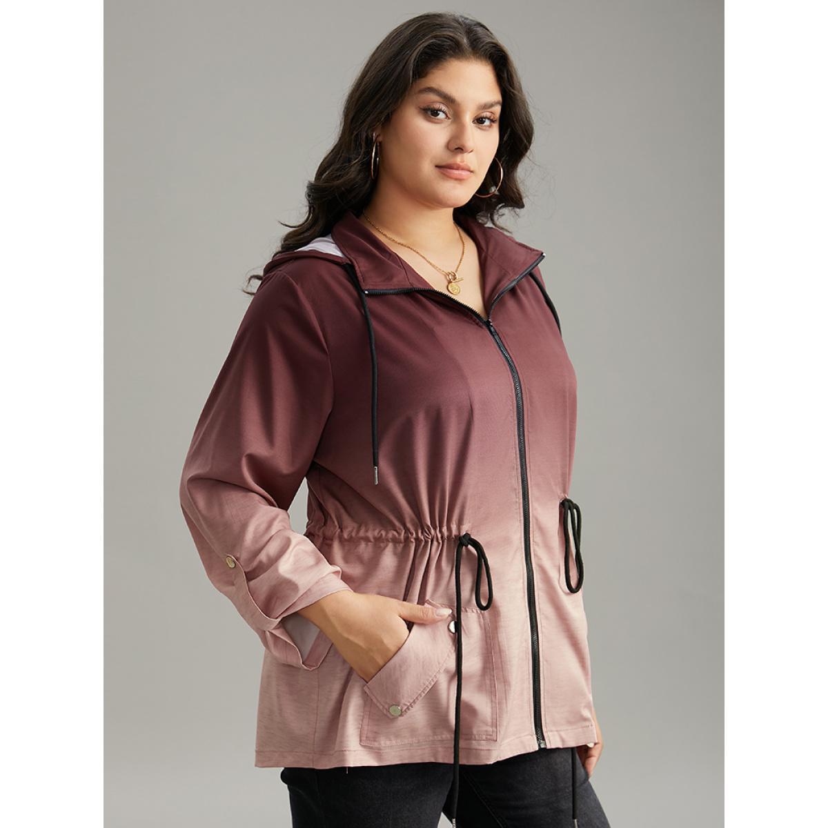 Plus Size Ombre Zipper Drawstring Pocket Tab Sleeve Jacket Women Scarlet Zipper Pocket Everyday Jackets BloomChic 10/M Product Image