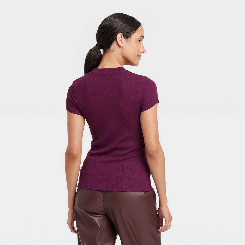Womens Slim Fit Short Sleeve Ribbed T-Shirt - A New Day Berry XS Product Image