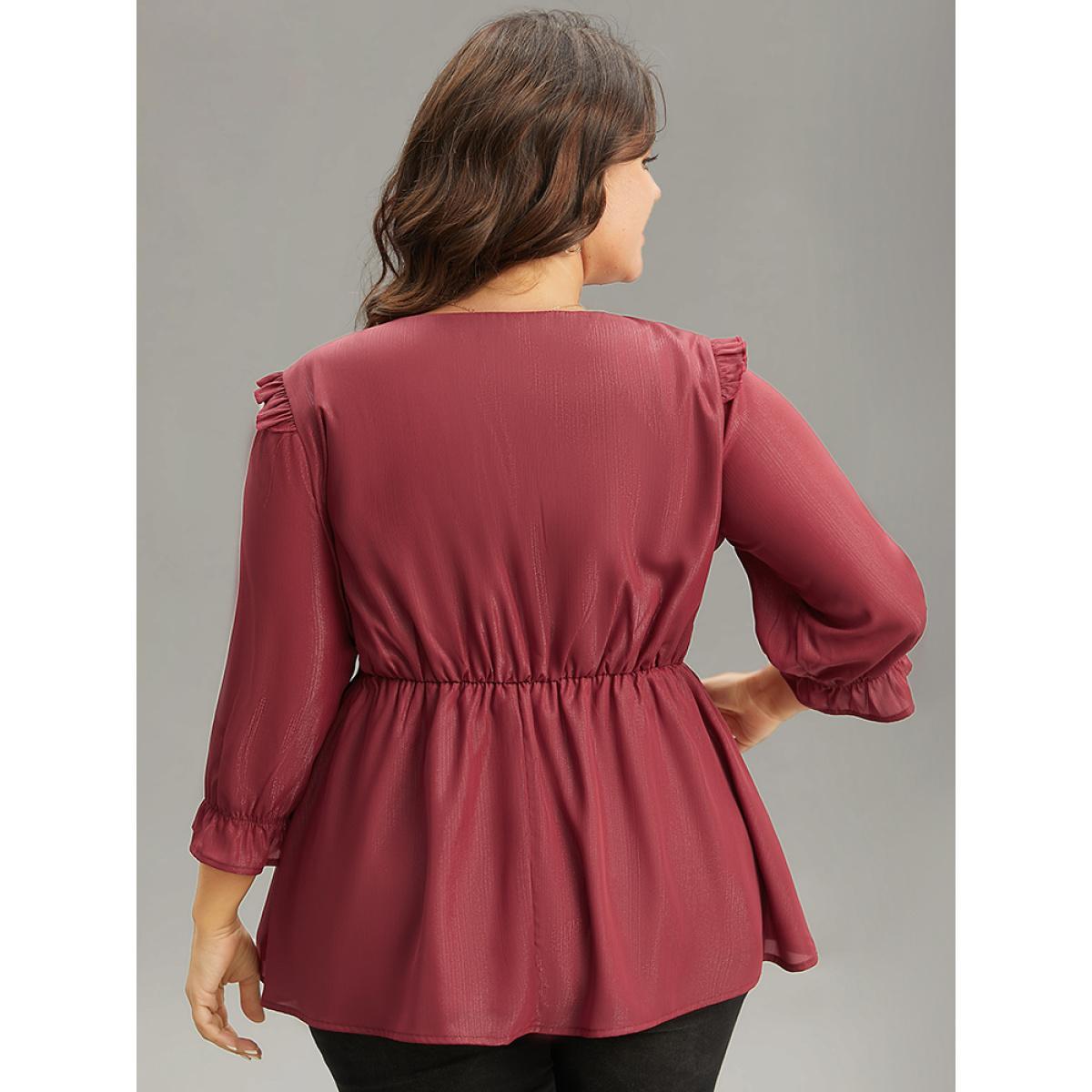 Plus Size Scarlet Solid Frill Trim Ruched Elastic Waist Blouse Women Glamour Elbow-length sleeve V-neck Festival-Christmas Blouses BloomChic 26/4X Product Image