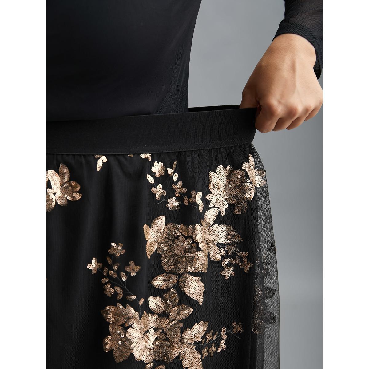 Plus Size Sequin Floral Stretchy Waist Skirt Women Black Cocktail No stretch Party Skirts BloomChic 12/L Product Image