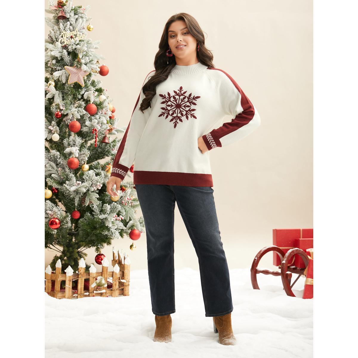 Plus Size Supersoft Essentials Snowflakes Pattern Knit Pullover Ivory Women Casual Loose Long Sleeve Round Neck Everyday Pullovers BloomChic 14-16/1X Product Image