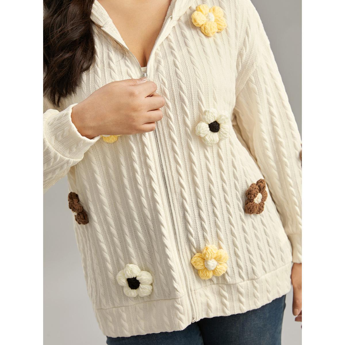 Plus Size Contrast Floral Detail Textured Zipper Fly Sweatshirt Women Apricot Elegant Texture Hooded Dailywear Sweatshirts BloomChic 14-16/1X Product Image
