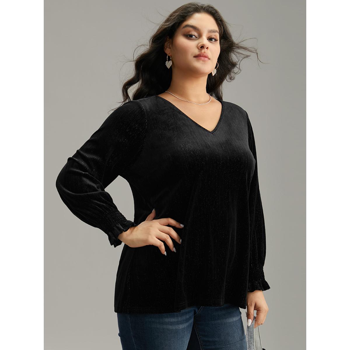 Plus Size Black Solid Velvet Glitter Shirred Ruffles Blouse Women Glamour Long Sleeve V-neck Going out Blouses BloomChic 18-20/2X Product Image