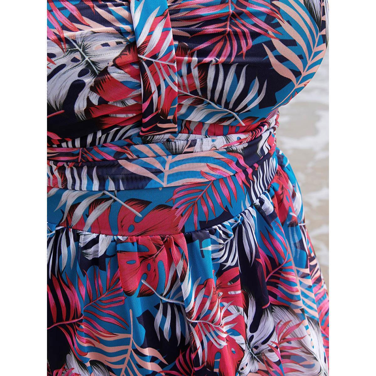 Plus Size Plant Print Contrast Ruffle Hem A Line Ruched Swim Dress Women's Swimwear Indigo Vacation Bodycon V-neck High stretch Curve Swim Dresses BloomChic 26/4X Product Image