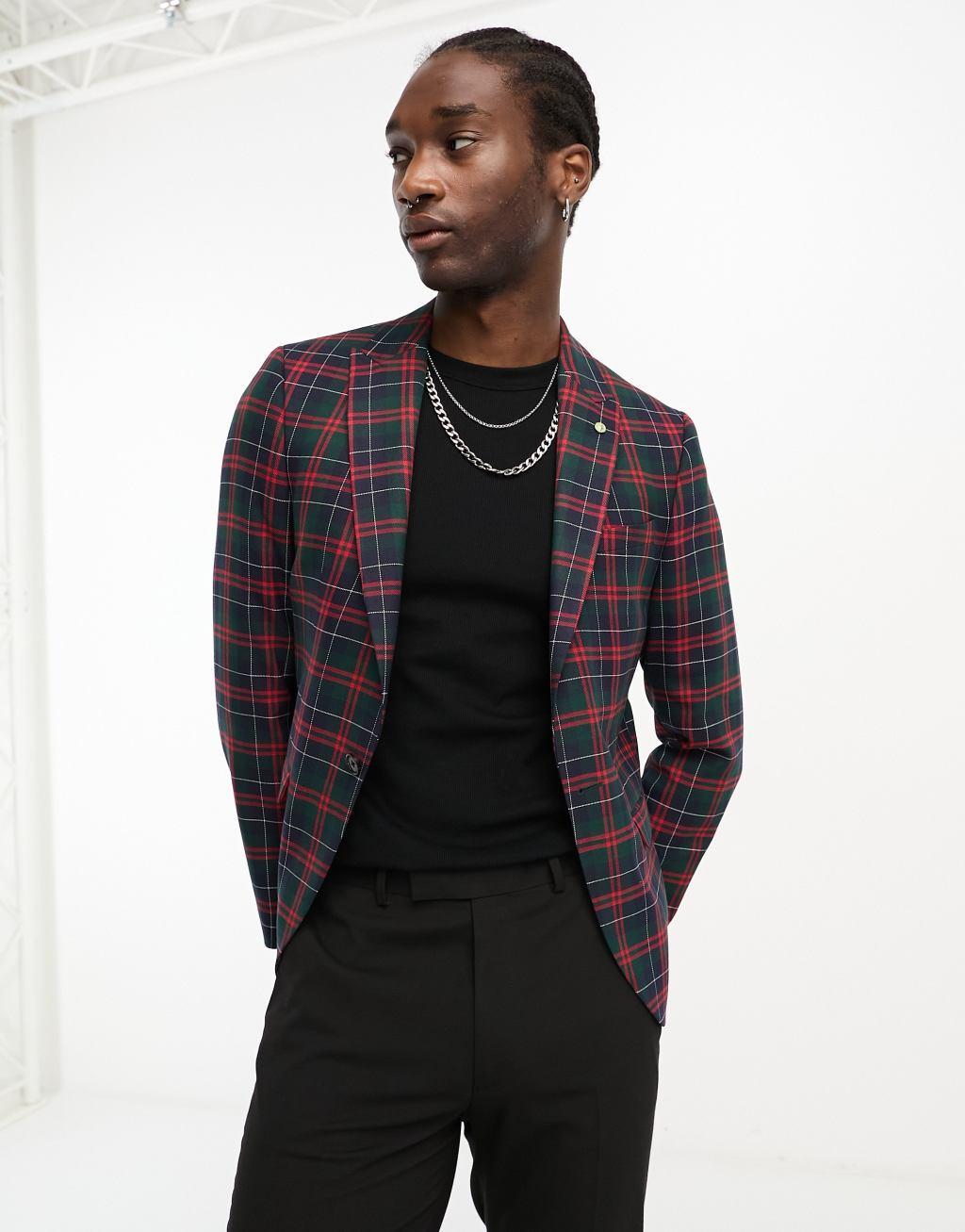 Twisted Tailor wool check suit jacket in green Product Image