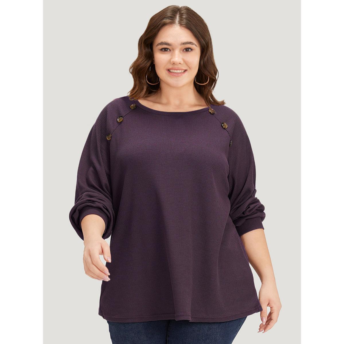 Plus Size Plain Waffle Knit Button Detail Crew Neck Raglan Sleeve T-shirt Purple Women Casual Elastic cuffs Plain Round Neck Dailywear T-shirts BloomChic 30/6X Product Image