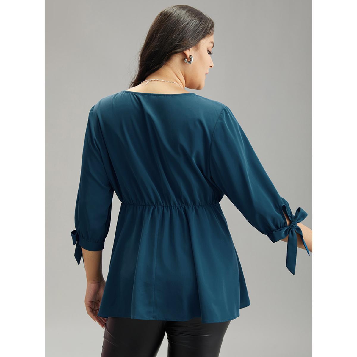 Plus Size Cyan Plain Bowknot Ties Buckle Detail Wrap Blouse Women Office Elbow-length sleeve V-neck Work Blouses BloomChic 22-24/3X Product Image