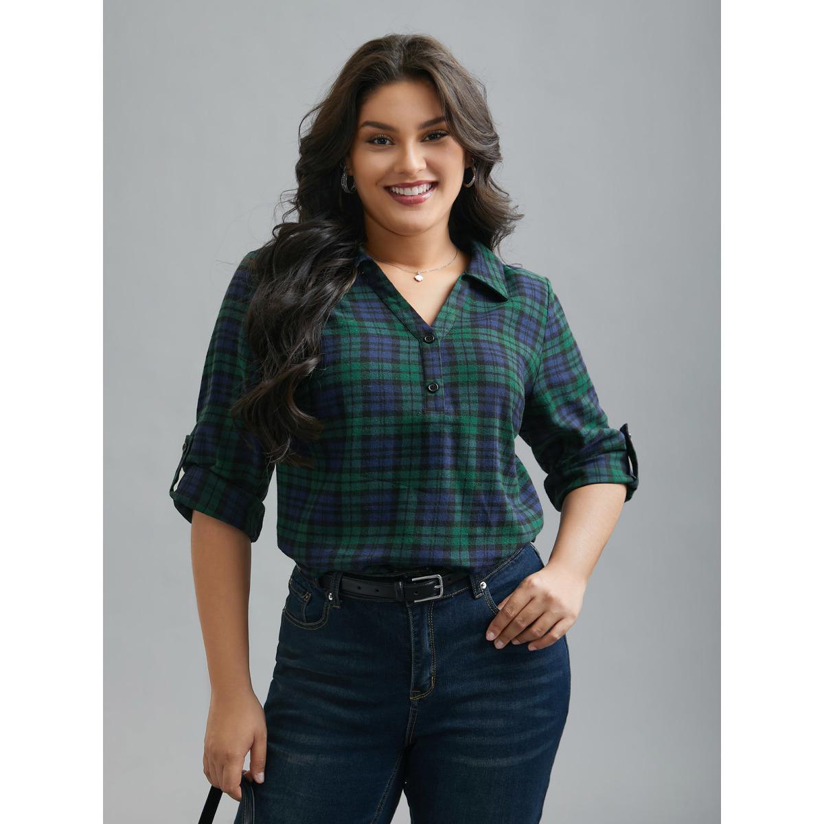 Plus Size DarkGreen Plaid Print Tab Sleeve Blouse Women At the Office Elbow-length sleeve Shirt collar Work Blouses BloomChic 18-20/2X Product Image