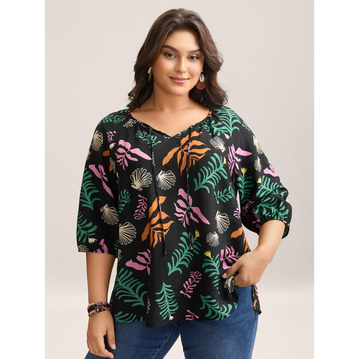 Plus Size Black Multi-Color Leaf Print Tassels Blouse Women Elbow-length sleeve Notched collar Vacation Blouses BloomChic 14-16/1X Product Image