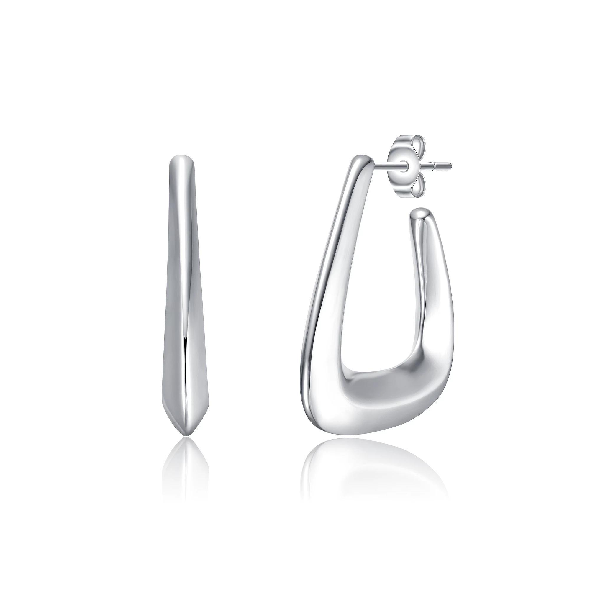 3/4 Irregular Box-Shaped Hoop Earrings, Womens, Silver Tone Product Image