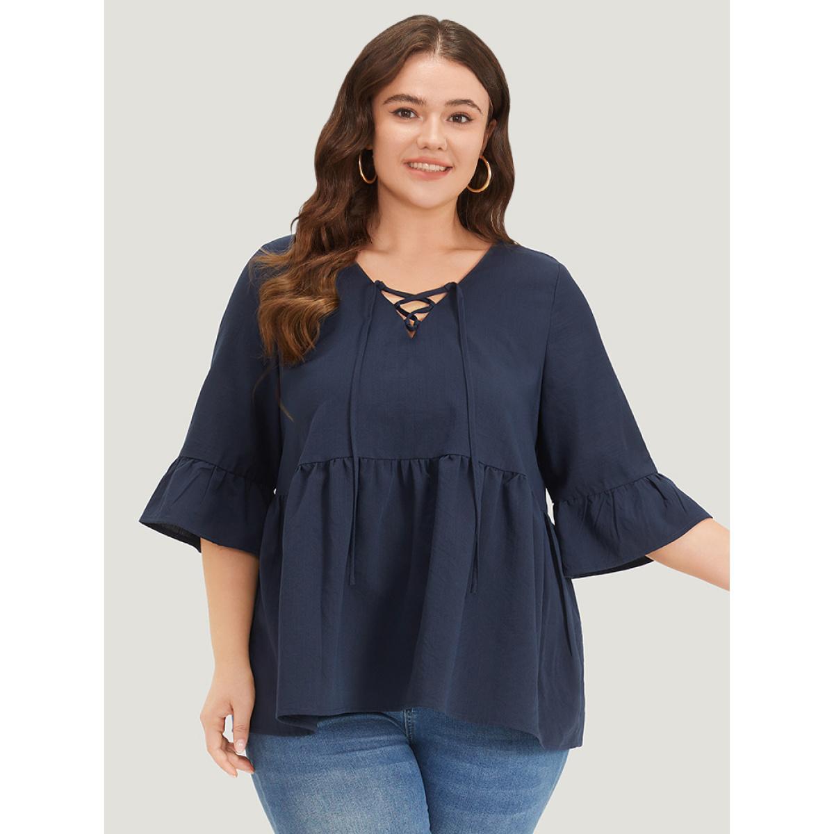 Plus Size Indigo Plain Lace Up Flutter Gathered Bell Sleeve Blouse Women Elegant Elbow-length sleeve Tie Neck Dailywear Blouses BloomChic 12/L Product Image