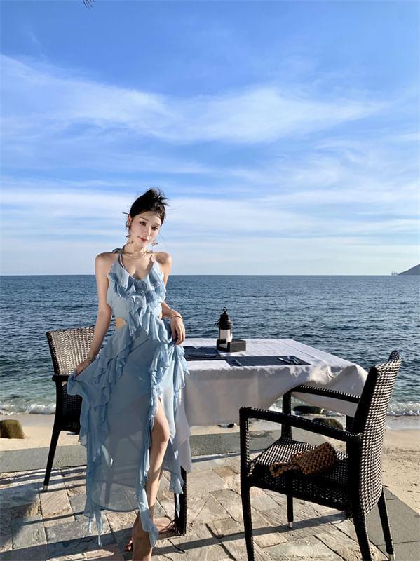 Halter Neck Plain Ruffle Trim Cutout Maxi Sun Dress Product Image